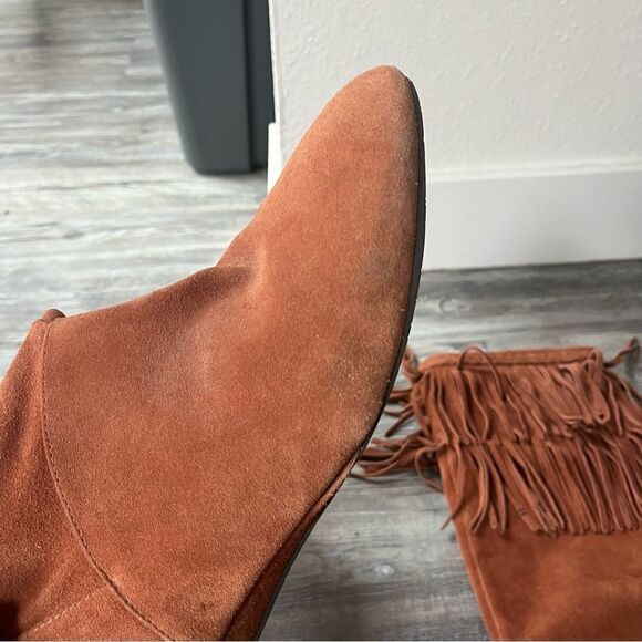 Gianni Bini rust suede knee high tall slouchy fringed boots with 1" wedge - Picture 13 of 14